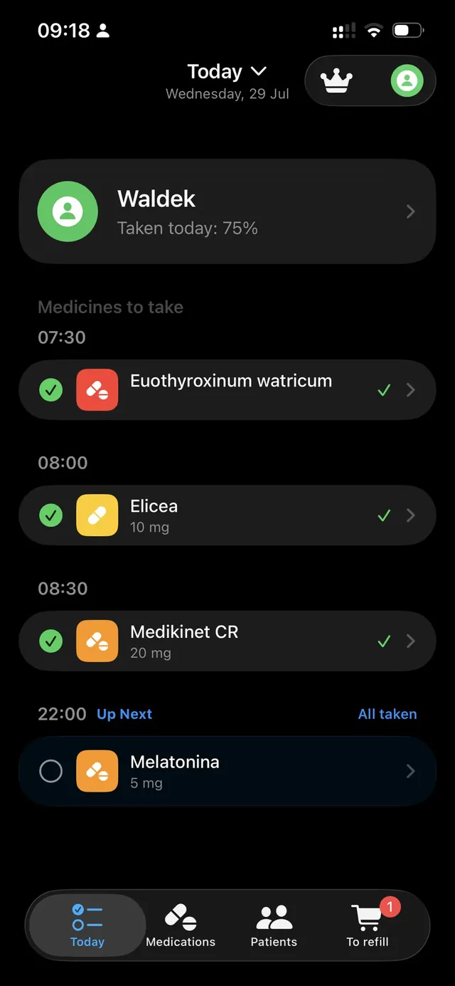 Doserra Today screen with the day's doses and their status