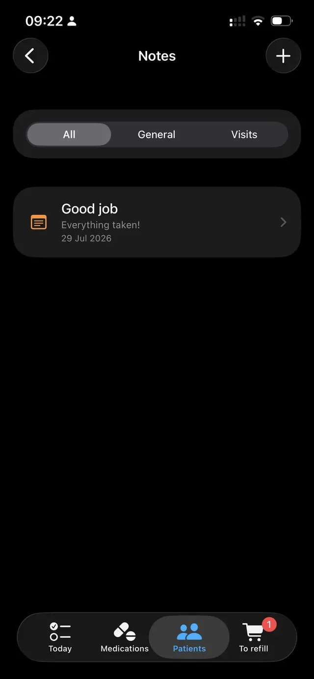 Doserra notes screen with a visit note